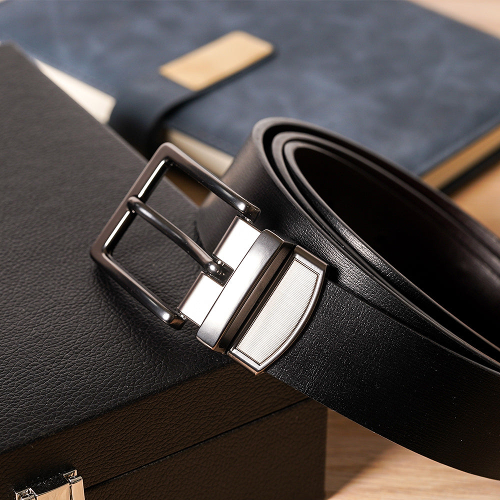 【FREED】 方形扣素面休閒真皮皮帶 - 黑銀