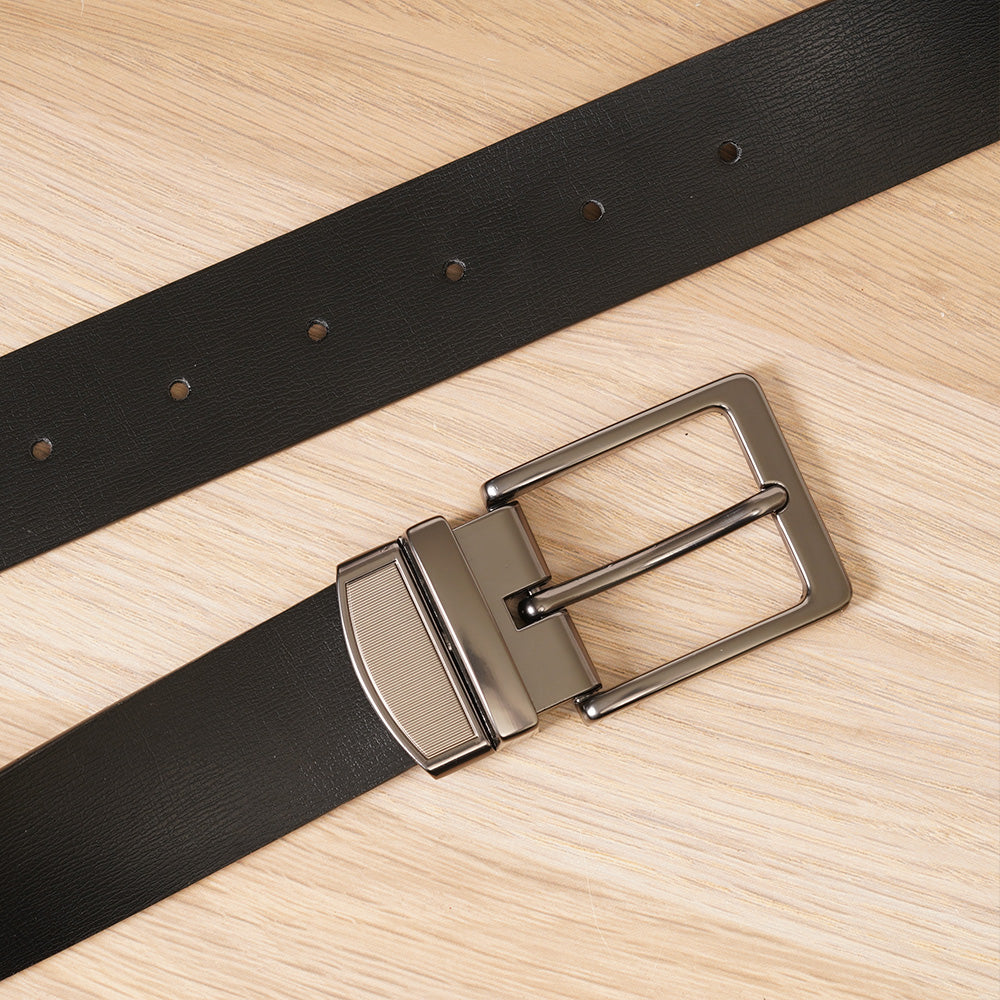 【FREED】 方形扣素面休閒真皮皮帶 - 黑銀