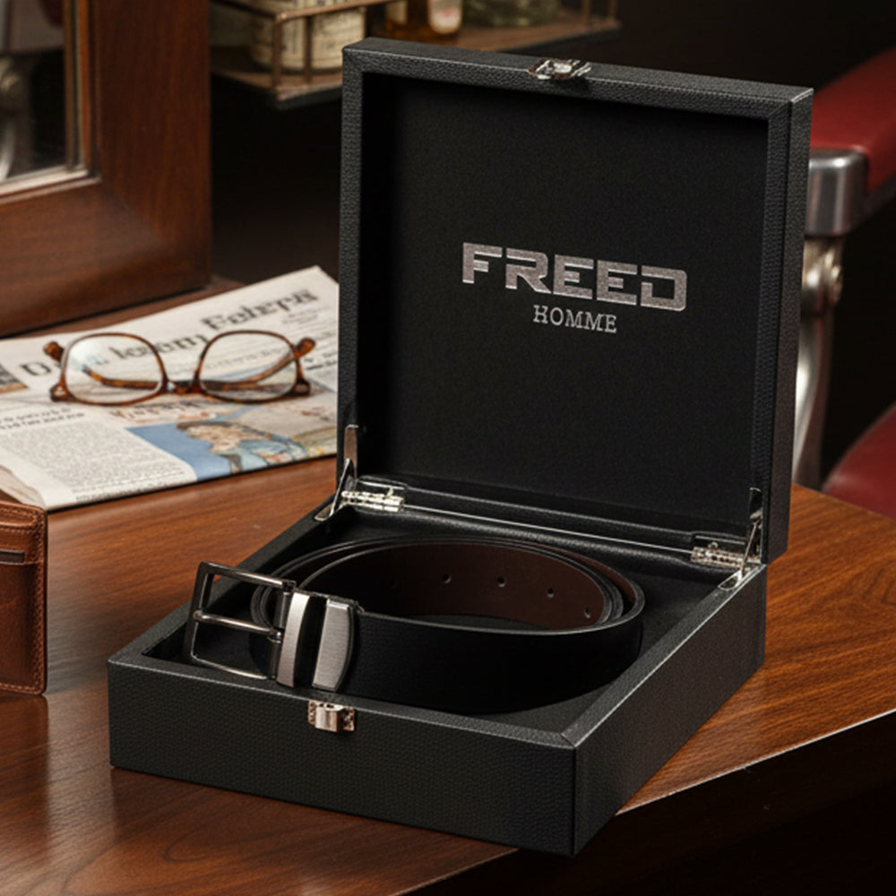 【FREED】 方形扣素面休閒真皮皮帶 - 黑銀