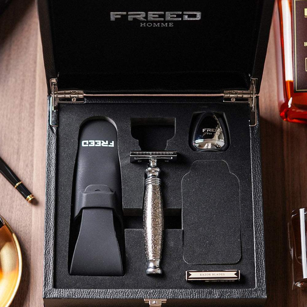 【FREED】尊爵四件組雙刃刮鬍刀禮盒 -蝕刻雕花鍍鎳版 - FREED