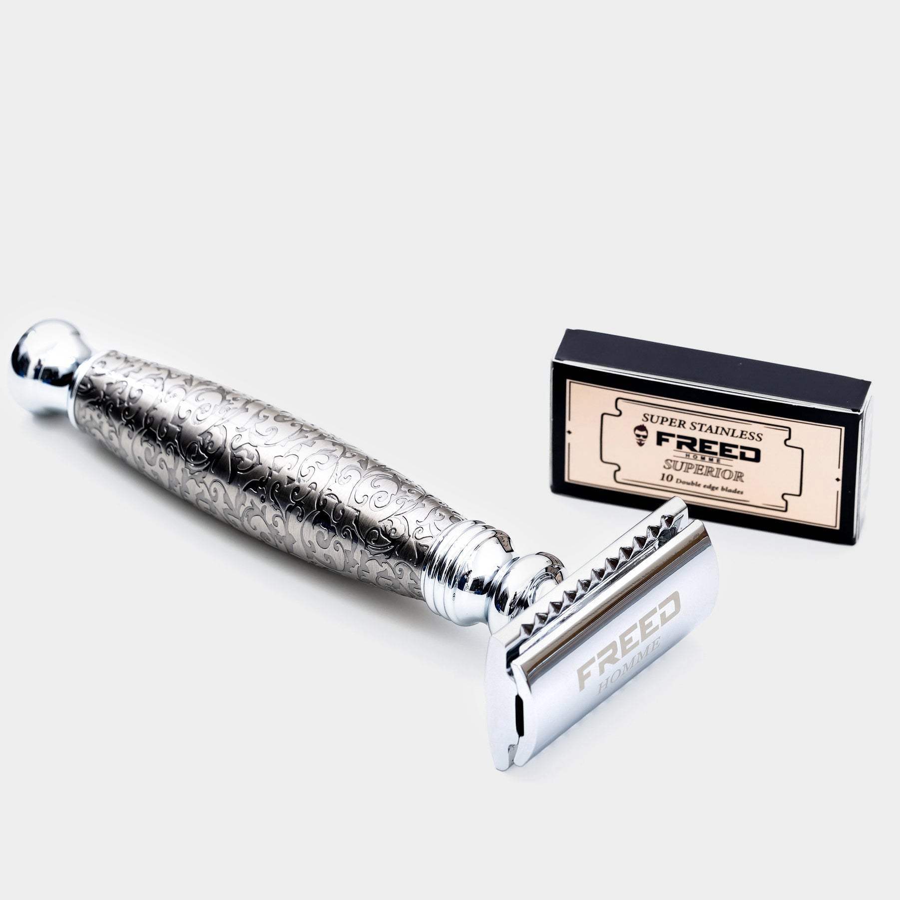 【FREED】封閉式復古雙刃安全刮鬍刀- 蝕刻雕花鍍鎳版 (附刀片10片) - FREED
