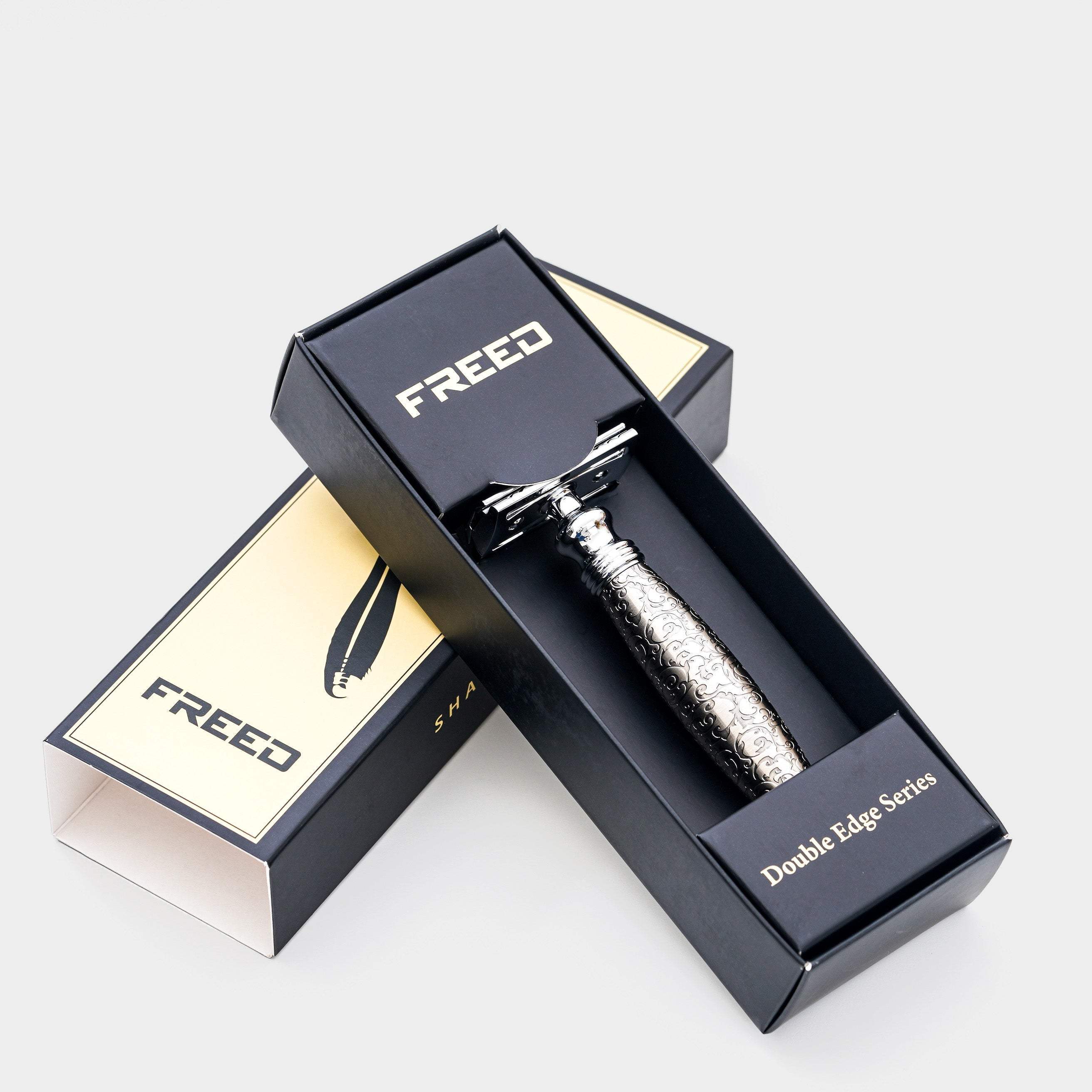 【FREED】封閉式復古雙刃安全刮鬍刀- 蝕刻雕花鍍鎳版 (附刀片10片) - FREED
