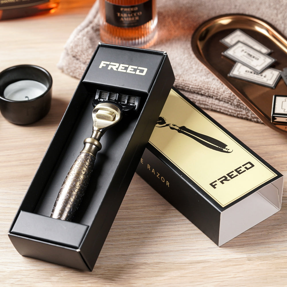 【蝕刻系列】五刀式刮鬍刀 - 仿古銅蝕刻雕花