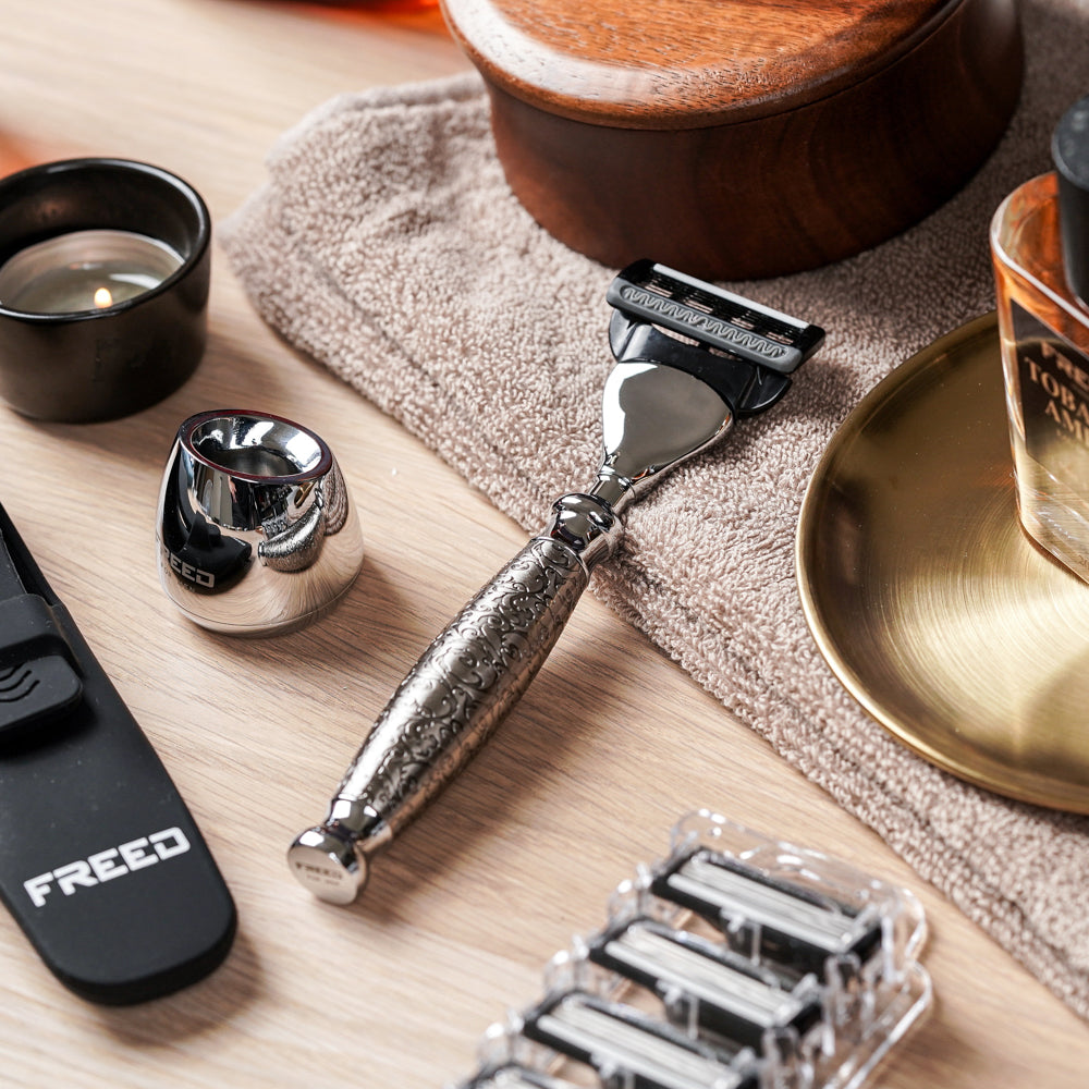 【蝕刻系列】五刀式刮鬍刀 - 蝕刻雕花鍍鎳版