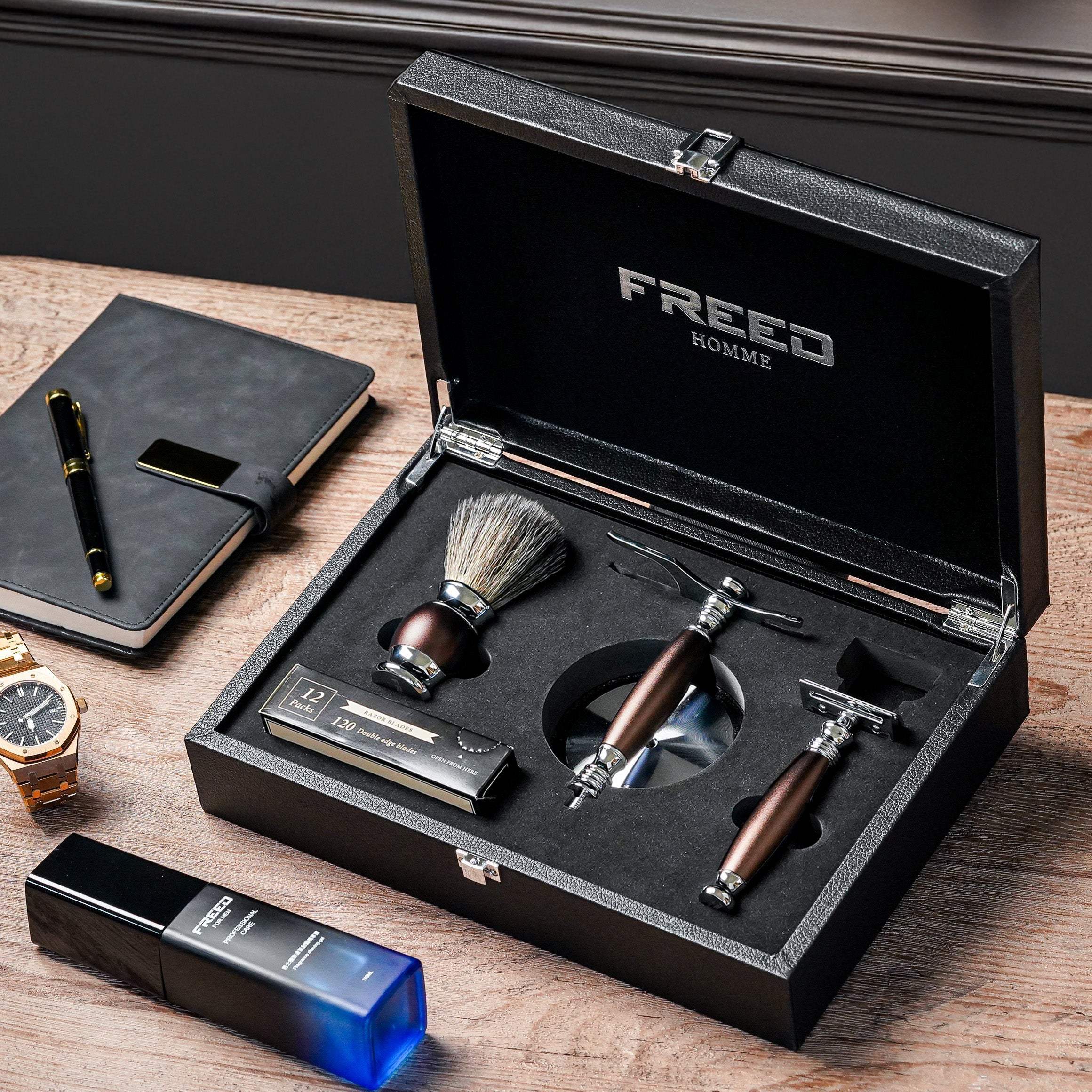 【FREED】豪華四件雙刃刮鬍刀禮盒- 馬鞍棕 - FREED
