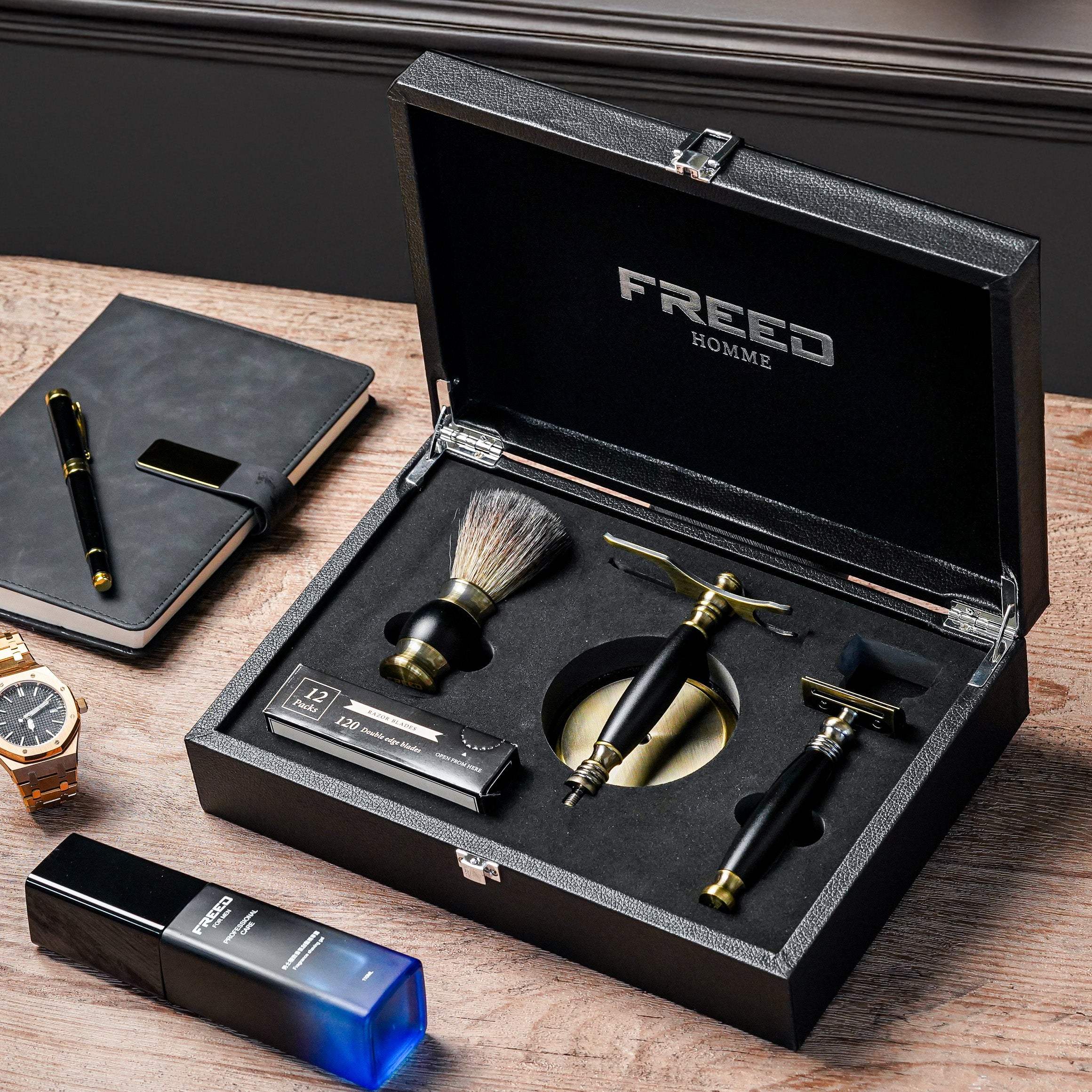 【FREED】雙刃式古銅刮鬍刀豪華禮盒四件組 - 極致黑 - FREED