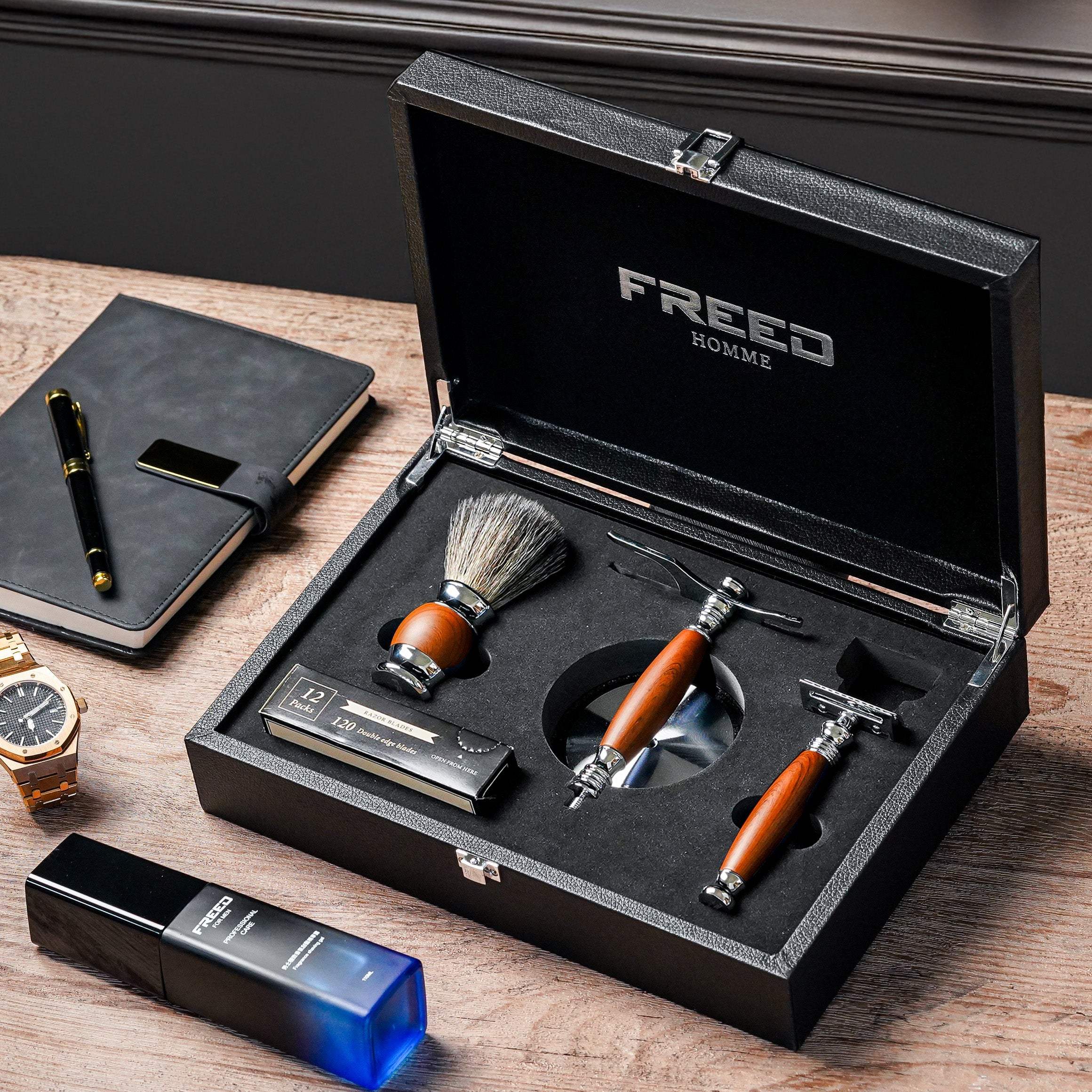 【FREED】豪華四件雙刃刮鬍刀禮盒- 仿胡桃木 - FREED