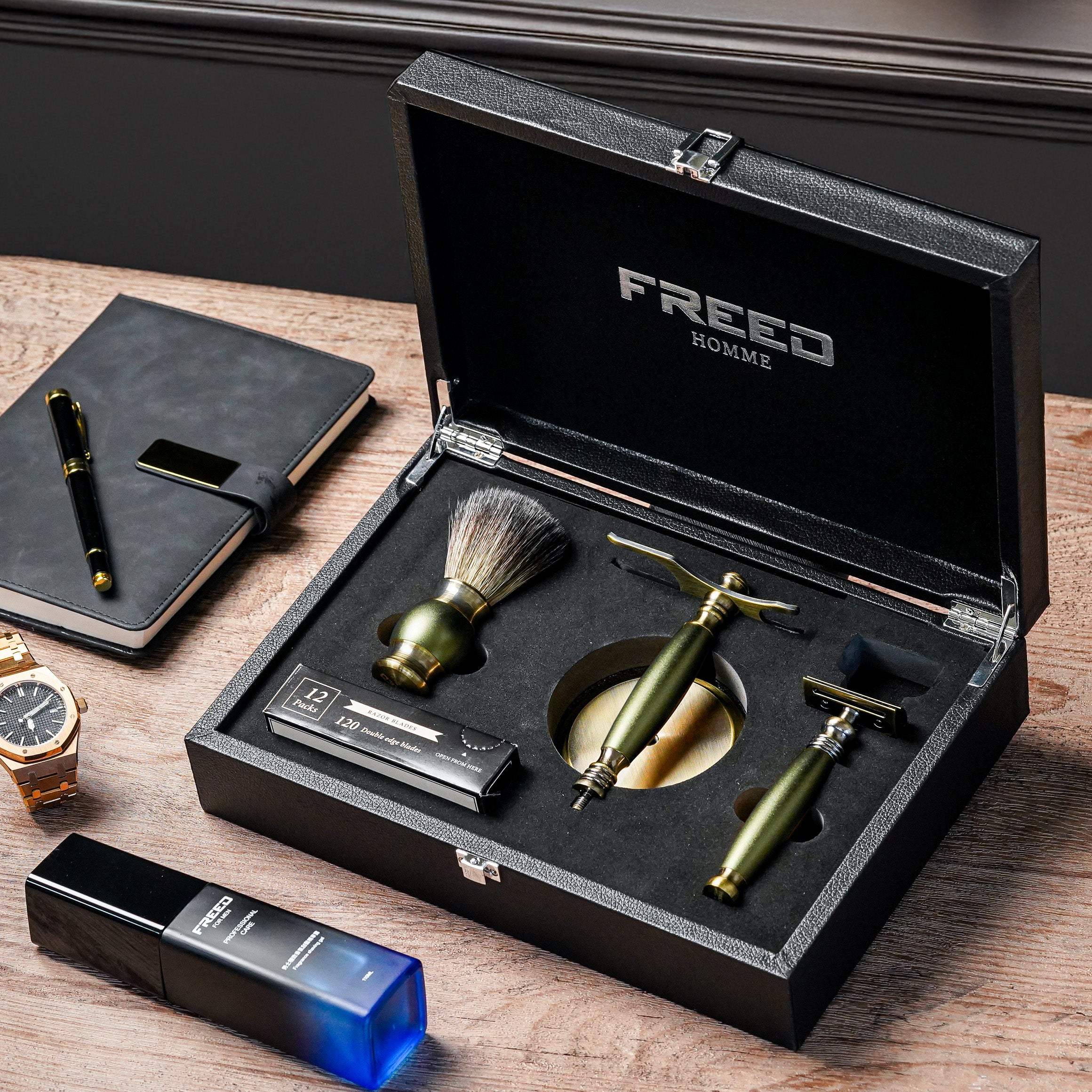 【FREED】雙刃式古銅刮鬍刀豪華禮盒四件組 - 大地綠 - FREED