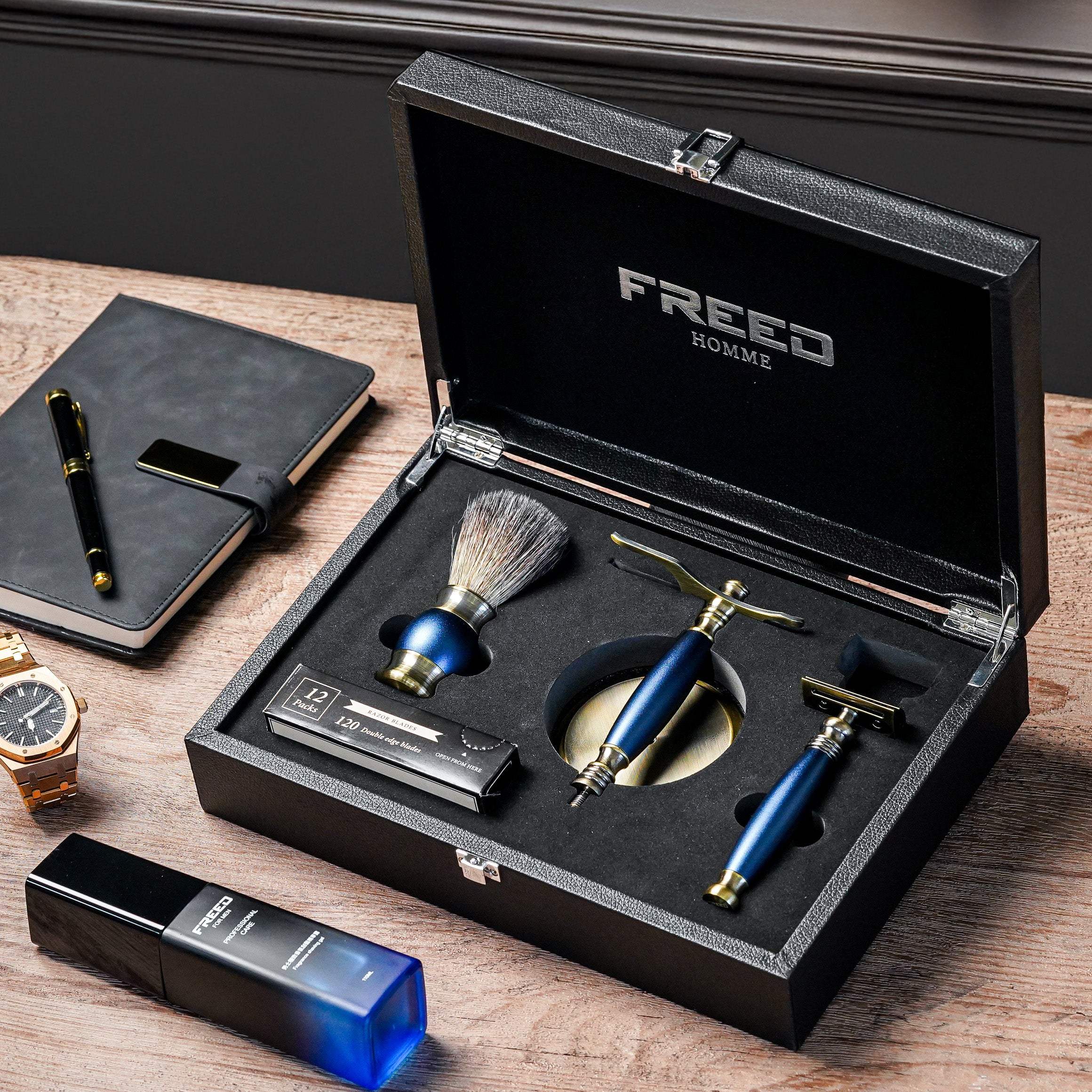 【FREED】雙刃式古銅刮鬍刀豪華禮盒四件組 - 帝王藍 - FREED