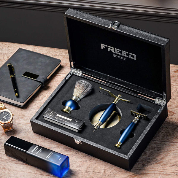 【FREED】雙刃式古銅刮鬍刀豪華禮盒四件組 - 帝王藍 - FREED