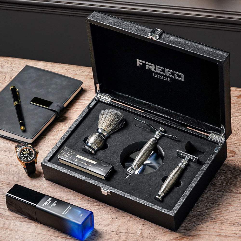 【FREED】雙刃式刮鬍刀豪華禮盒四件組 - F滿版鍍鎳浮雕 - FREED