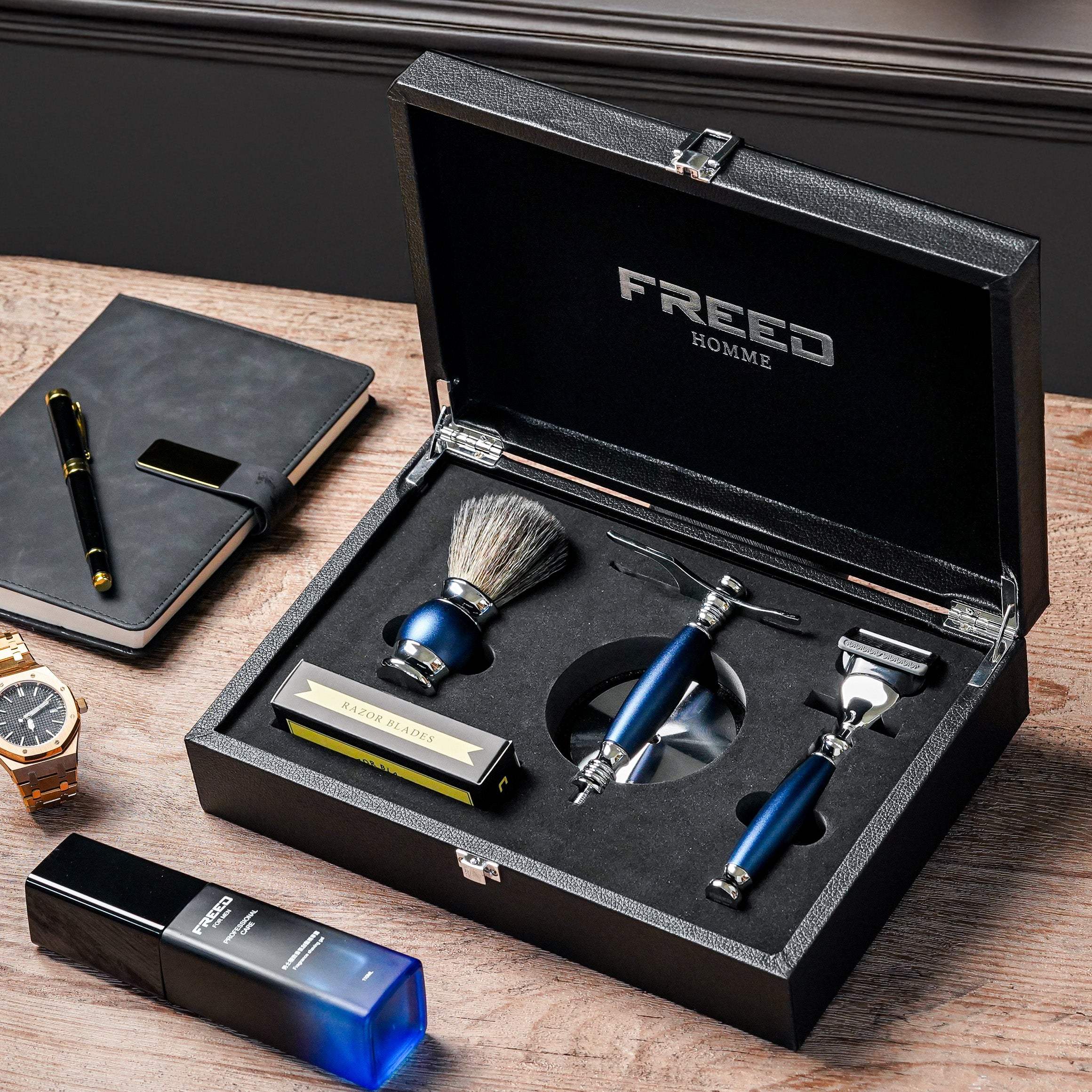 五刀式 刮鬍刀豪華禮盒四件組 - 時尚藍 - FREED