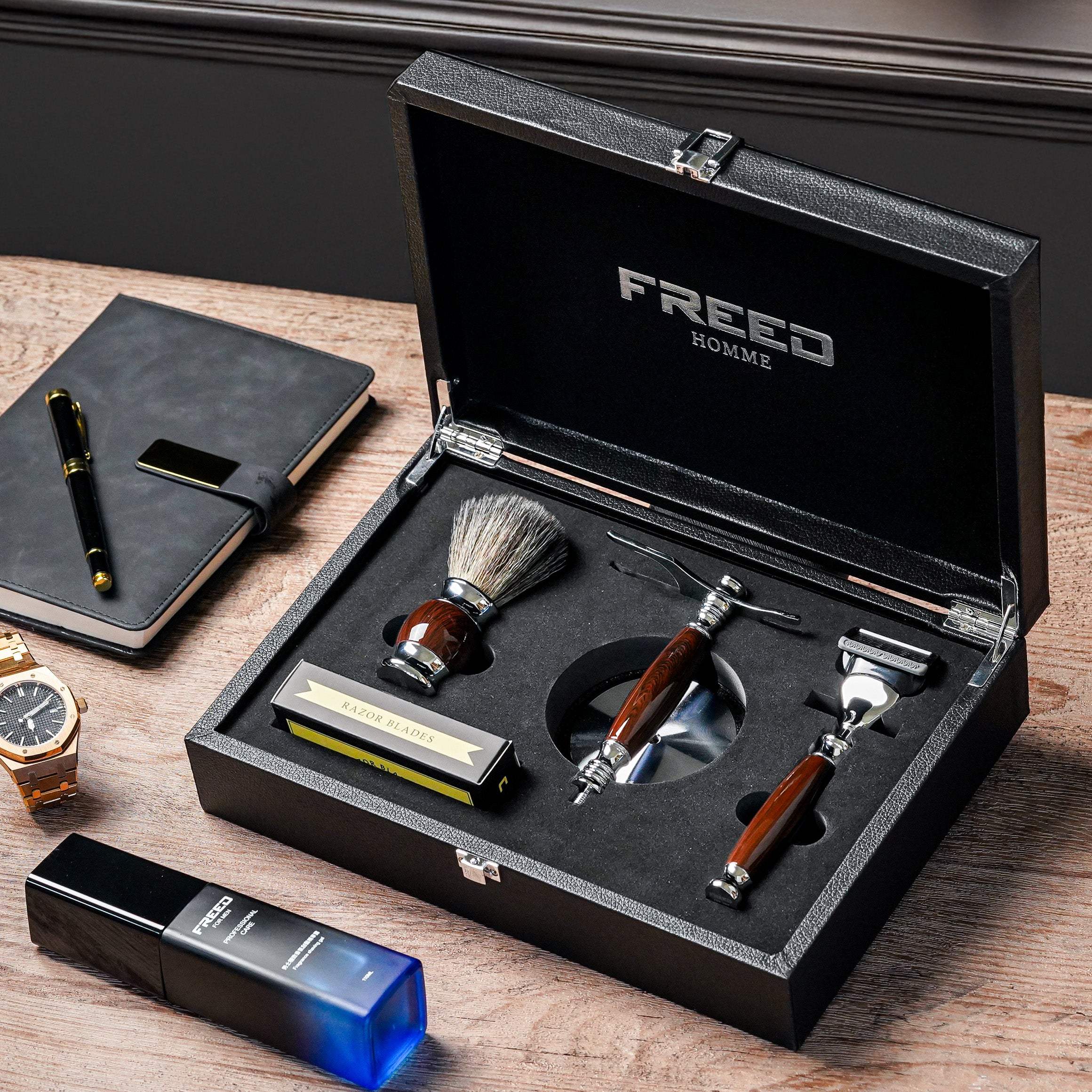 五刀式 刮鬍刀豪華禮盒四件組 - 仿紫紅檀木 - FREED