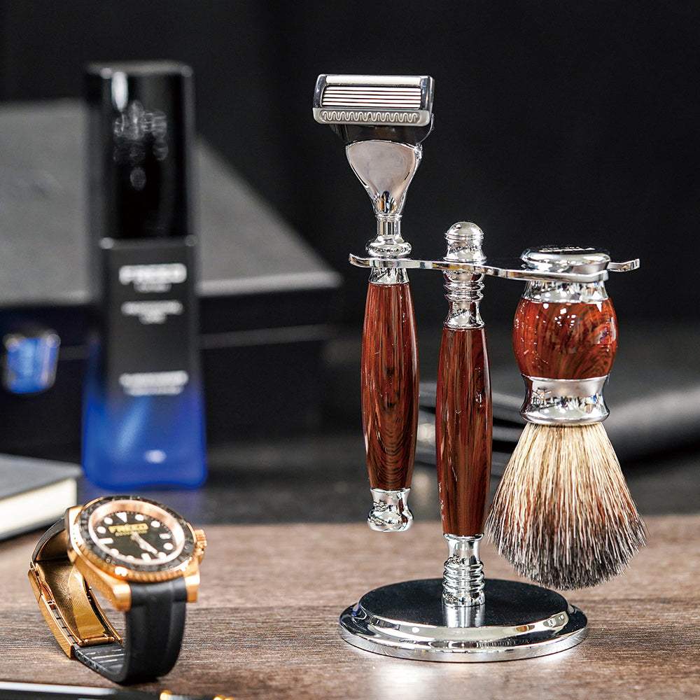 五刀式 刮鬍刀豪華禮盒四件組 - 仿紫紅檀木 - FREED