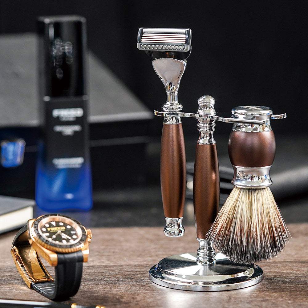 五刀式刮鬍刀豪華禮盒四件組 - 馬鞍棕 - FREED