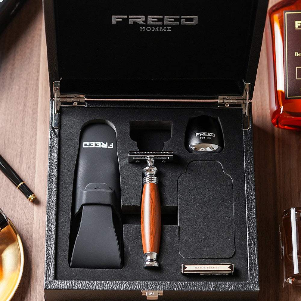 【FREED】尊爵四件組雙刃安全刮鬍刀禮盒 - 仿胡桃木 - FREED