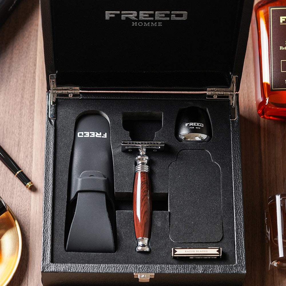 【FREED】尊爵四件組雙刃安全刮鬍刀禮盒 - 仿紫紅檀木 - FREED