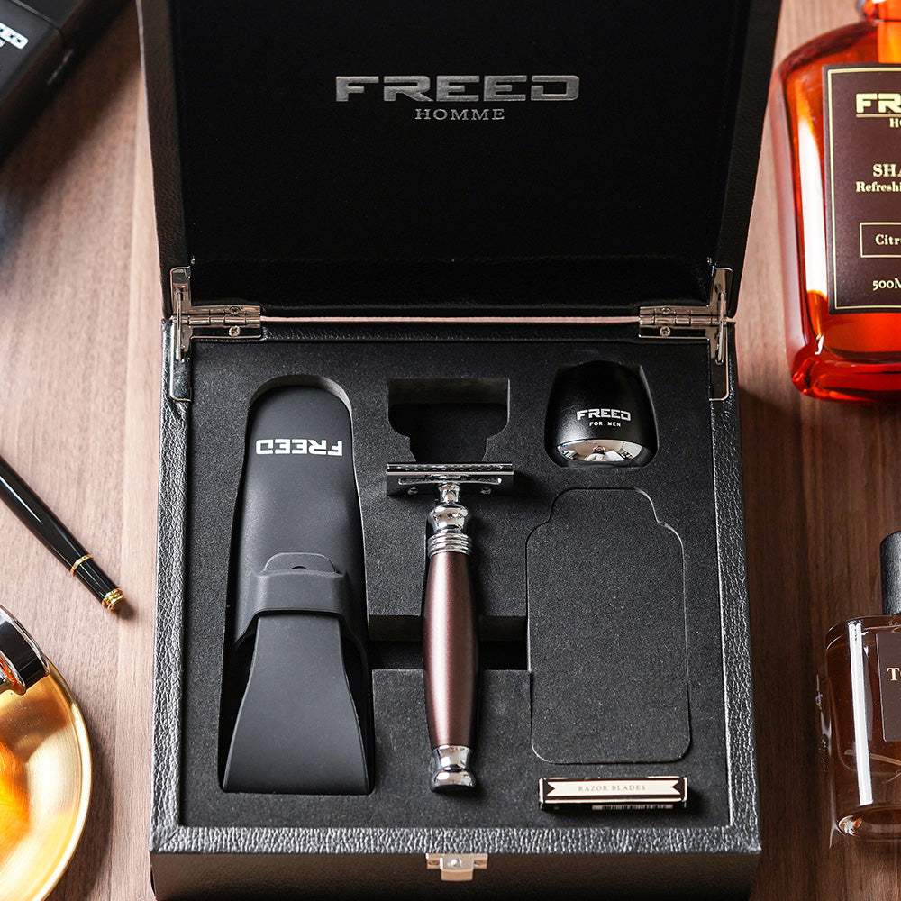 【FREED】尊爵四件組雙刃安全刮鬍刀禮盒 - 馬鞍棕 - FREED