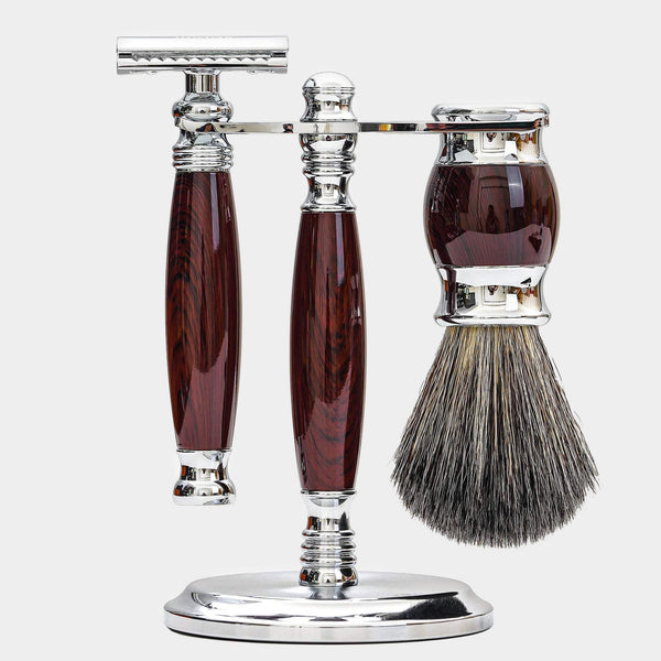 仿紫紅檀木材質,雙刃刮鬍刀組,提供客製化刻字。