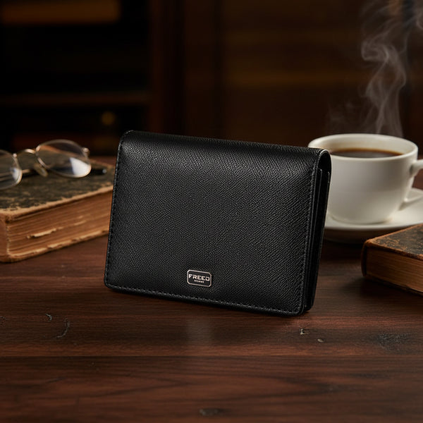 經典Saffiano黑色十字紋雙折拉鍊短夾,桌上場景。FREED客製化刻字。