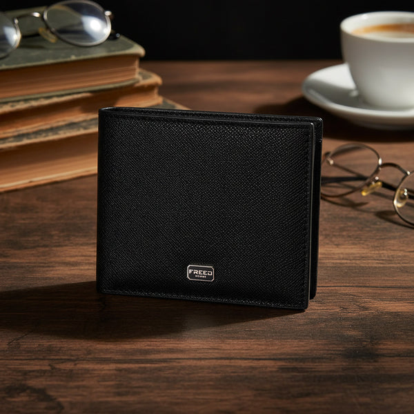 FREED 經典 Saffiano 十字紋黑色兩折短夾,桌面場景,FREED 客製化刻字。