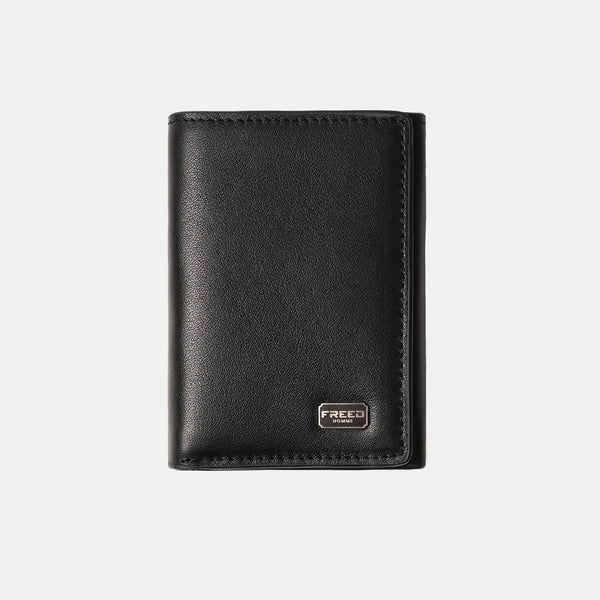 【FREED】紳士極潤頭層納帕(Nappa)真皮三折短夾 - 黑色 - 正面展示 | FREED 客製化刻字