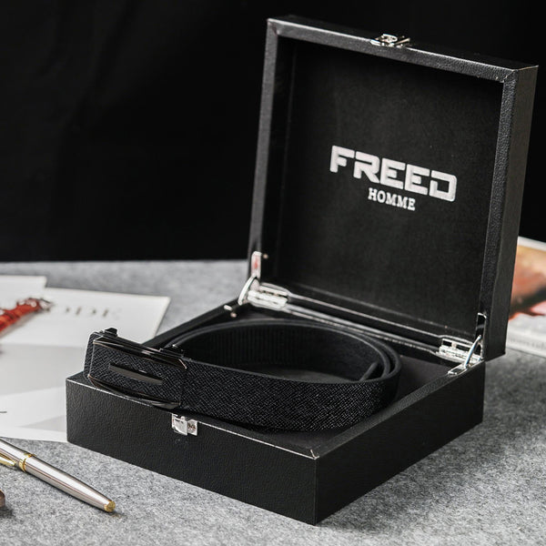 【FREED】仿蛇紋黑邊方形扣頭商務休閒頭層牛皮自動皮帶