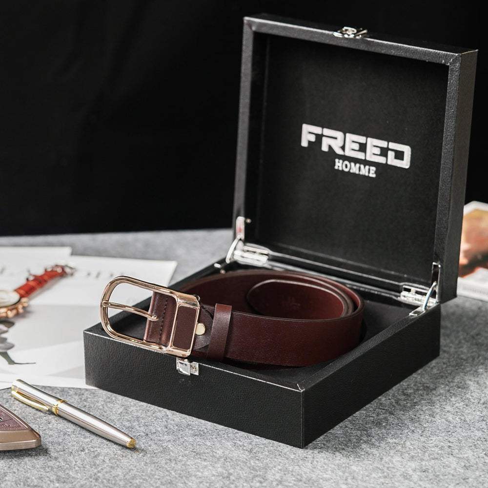 【FREED】復古馬蹄扣商務休閒頭層牛皮皮帶 - 咖啡色 - FREED