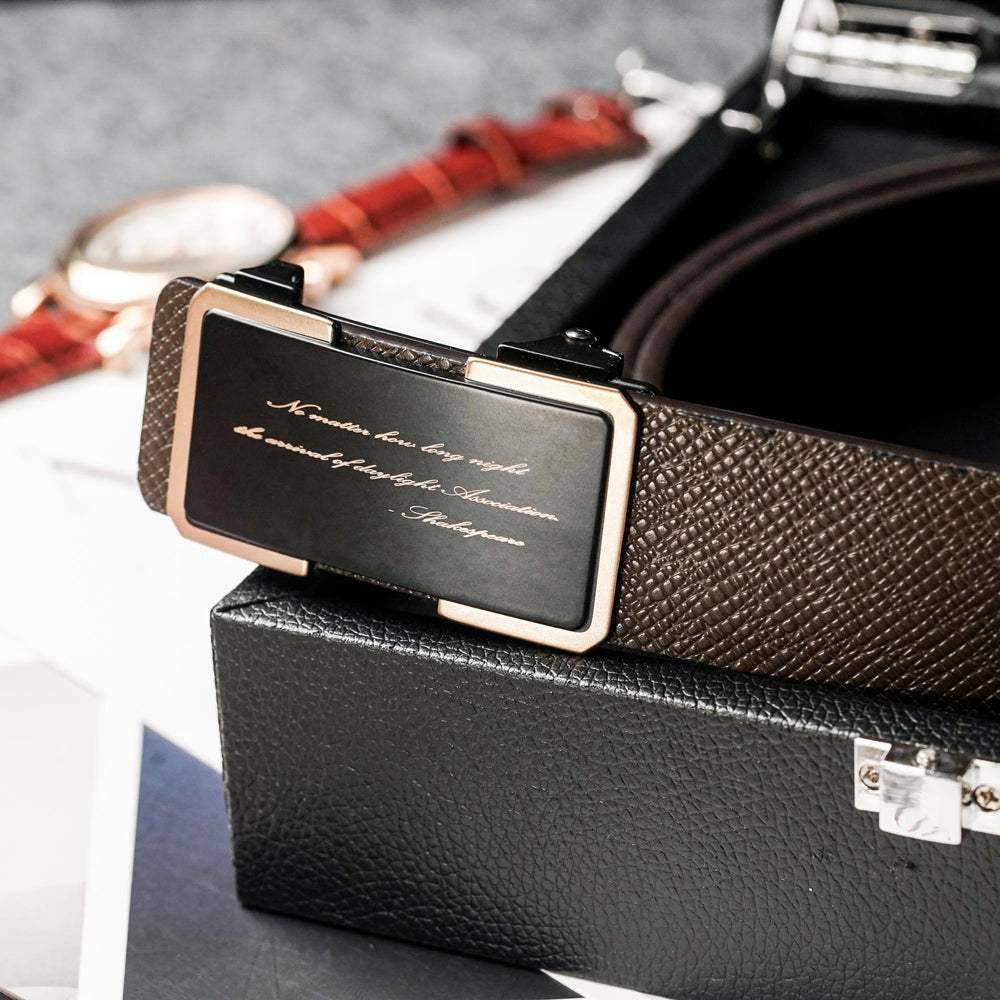 【FREED】經典男士簡約商務休閒頭層牛皮自動皮帶 - 咖啡金 - FREED