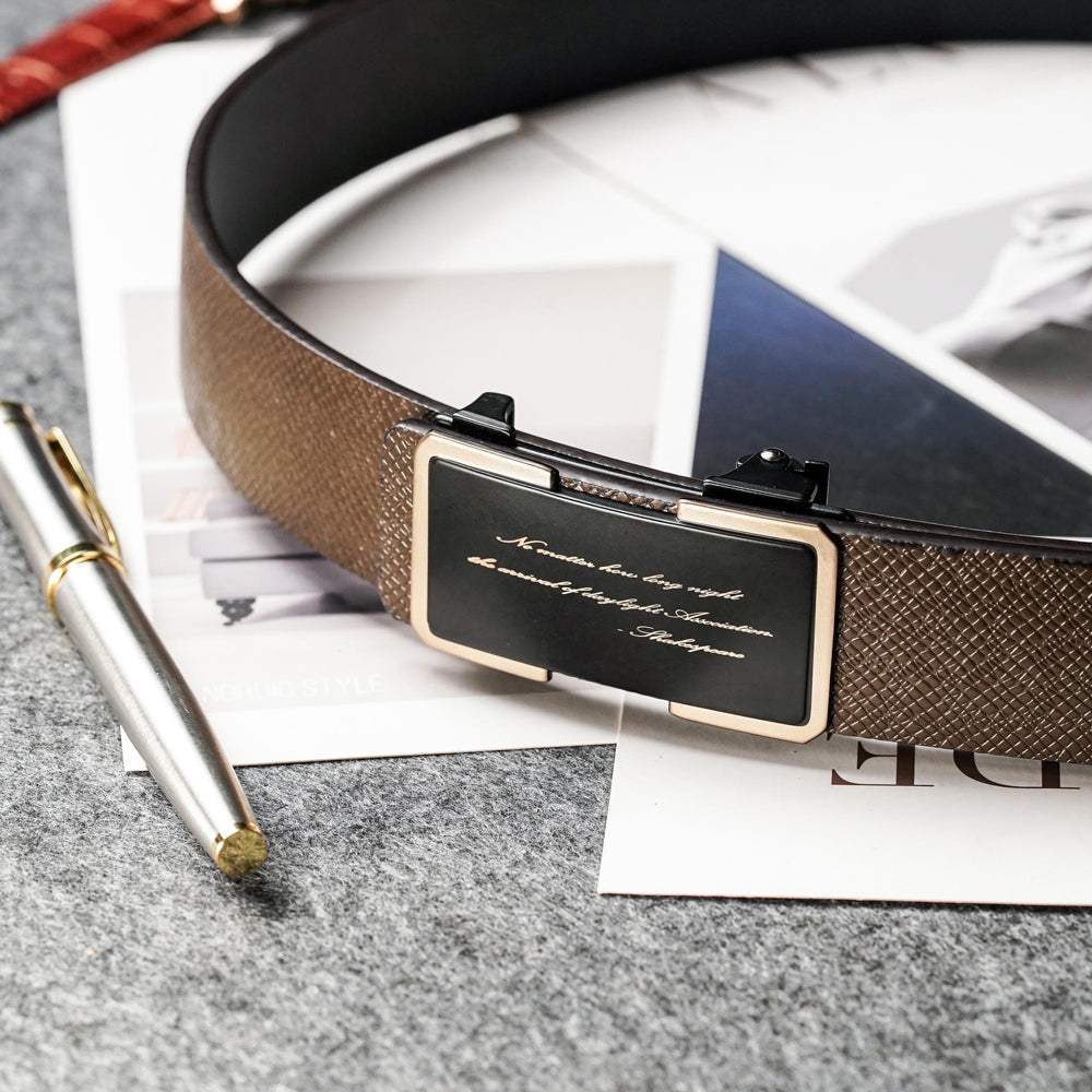 【FREED】經典男士簡約商務休閒頭層牛皮自動皮帶 - 咖啡金 - FREED