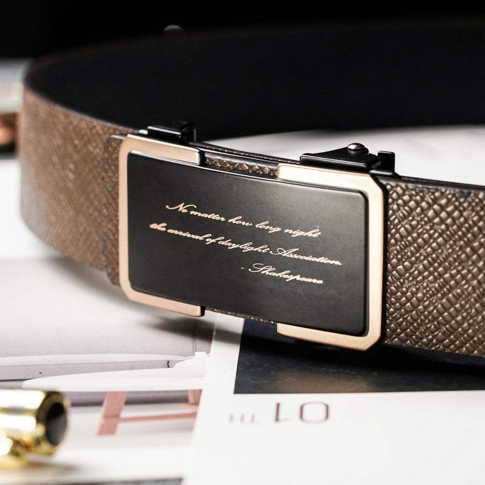 【FREED】經典男士簡約商務休閒頭層牛皮自動皮帶 - 咖啡金 - FREED