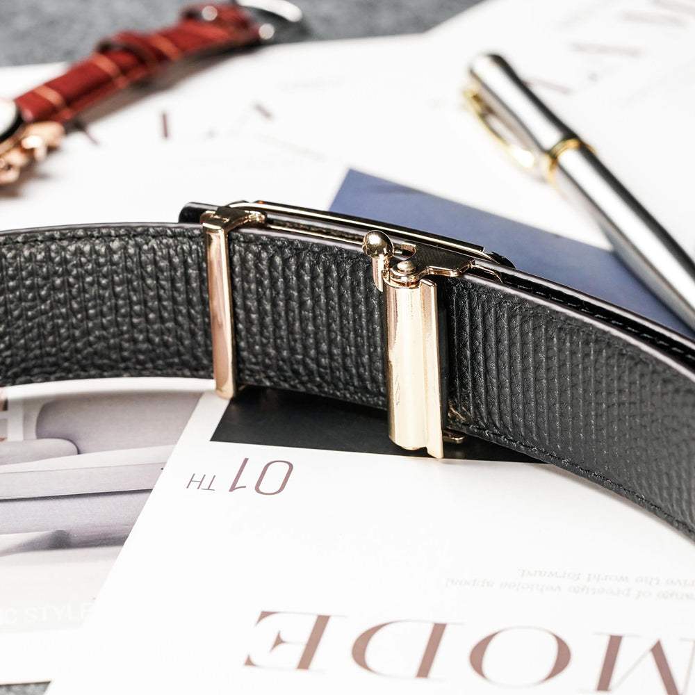 【FREED】極簡霧黑方扣商務休閒頭層牛皮自動皮帶 - 咖啡色 - FREED