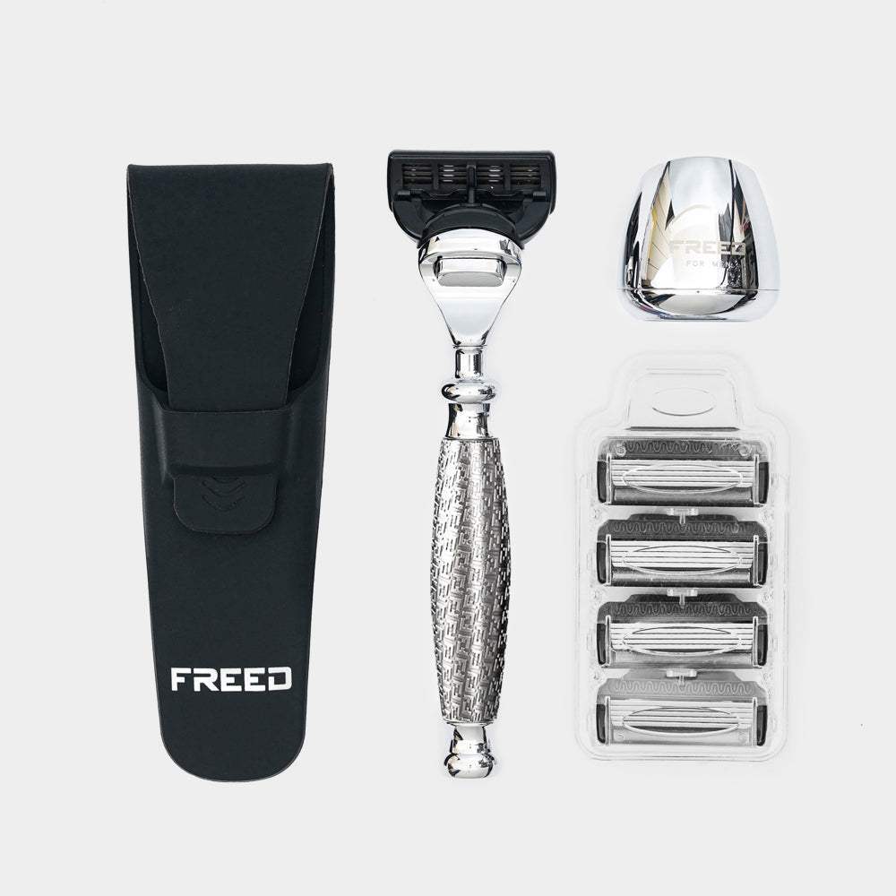 【FREED】尊爵四件組五刀式刮鬍刀禮盒 - F滿版鍍鎳浮雕 - FREED