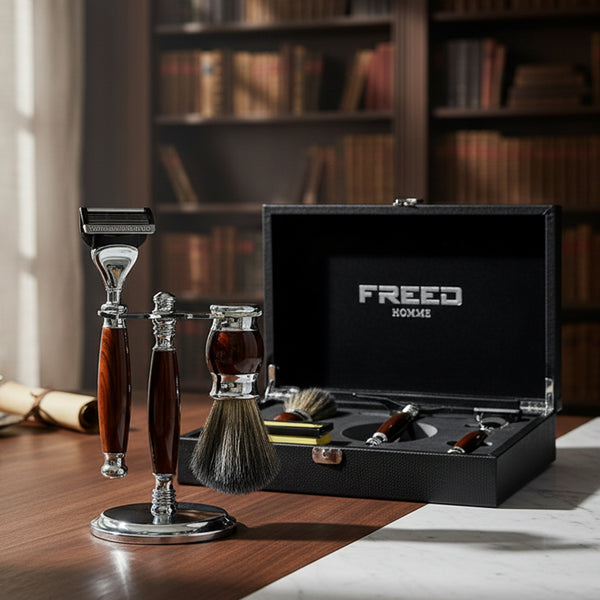 五刀式 刮鬍刀豪華禮盒四件組 - 仿紫紅檀木