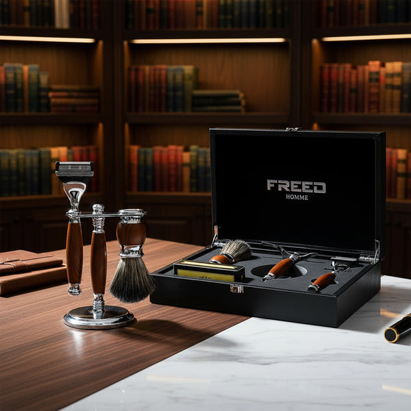 五刀式刮鬍刀豪華禮盒四件組 - 仿胡桃木