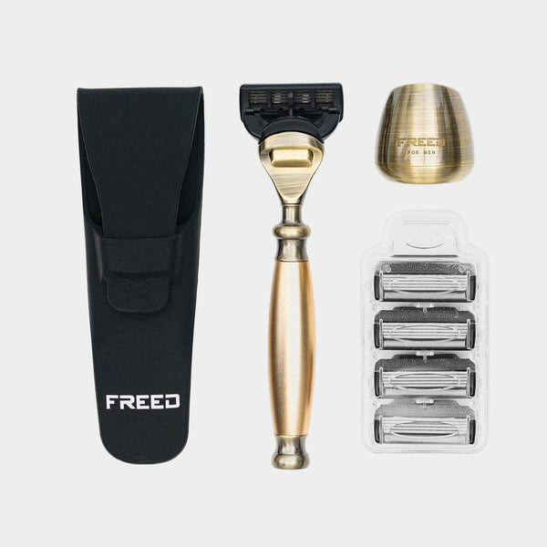 古銅色五刀式刮鬍刀,尊爵禮盒。FREED 客製化刻字。