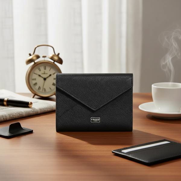 黑色Saffiano十字紋短夾,桌面上,FREED客製化刻字。