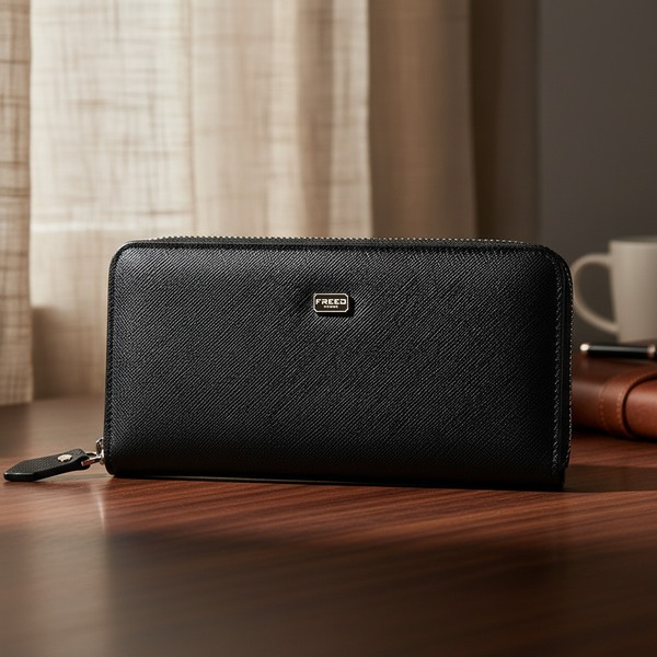 黑色 Saffiano 十字紋皮革長夾,FREED 客製化刻字