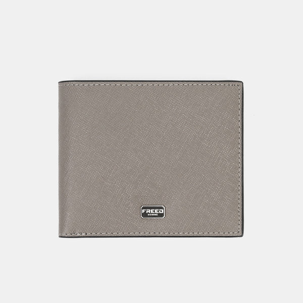 【FREED】Saffiano十字紋短夾，鉑金灰，正面照，FREED 客製化刻字。