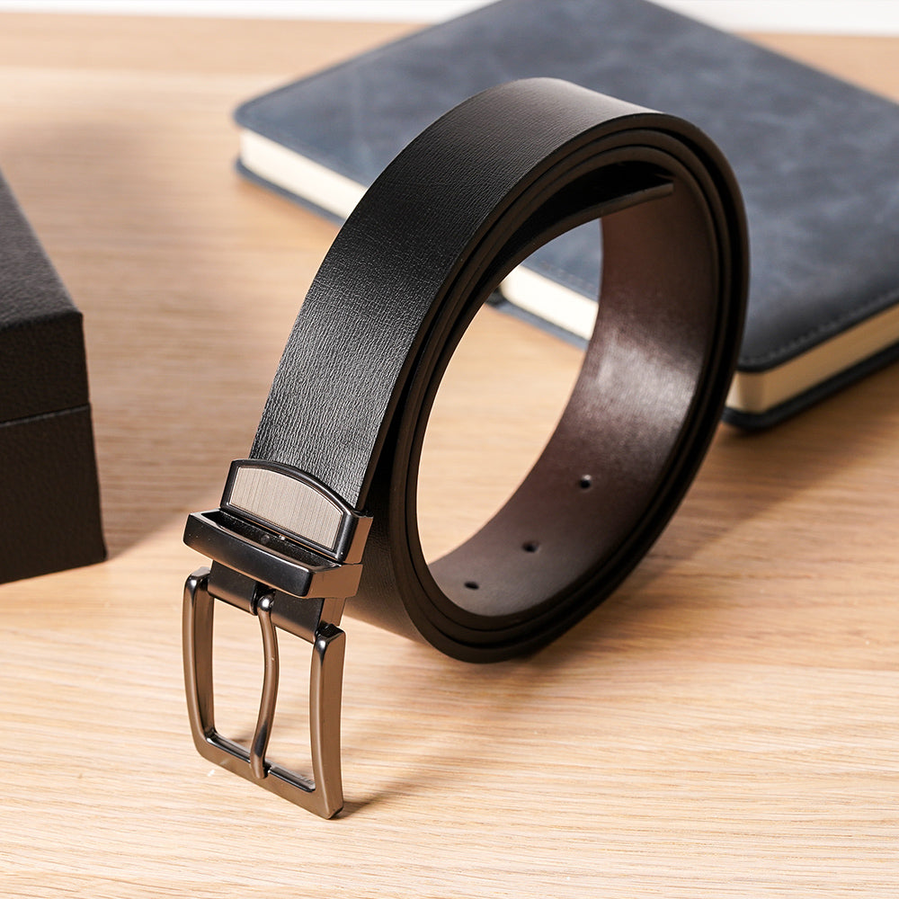 【FREED】 方形扣素面休閒真皮皮帶 - 黑銀