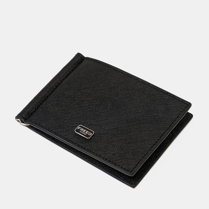 經典Saffiano十字紋黑色短夾，平整視角，FREED客製化刻字。