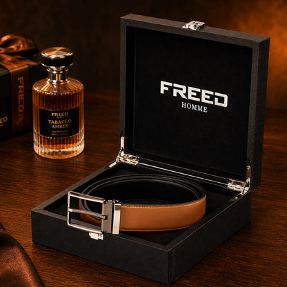【FREED】槍色方框扣頭細紋雙色超纖維皮帶