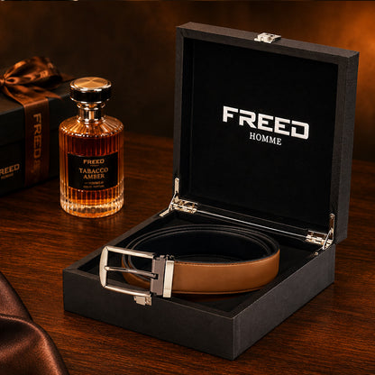 【FREED】槍色方形扣頭細紋雙色超纖維皮帶