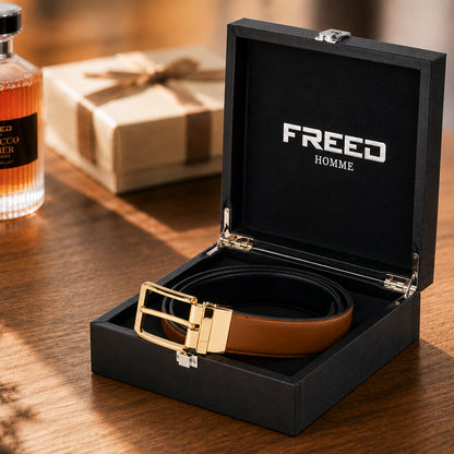 【FREED】亮金旋轉式方扣細紋雙色超纖維皮帶