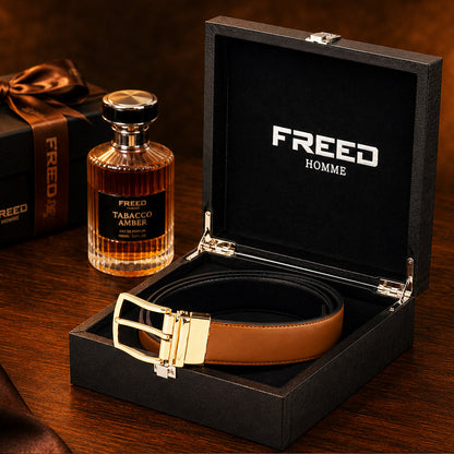 【FREED】亮金旋轉式馬蹄扣細紋雙色超纖維皮帶 - 咖面黑底