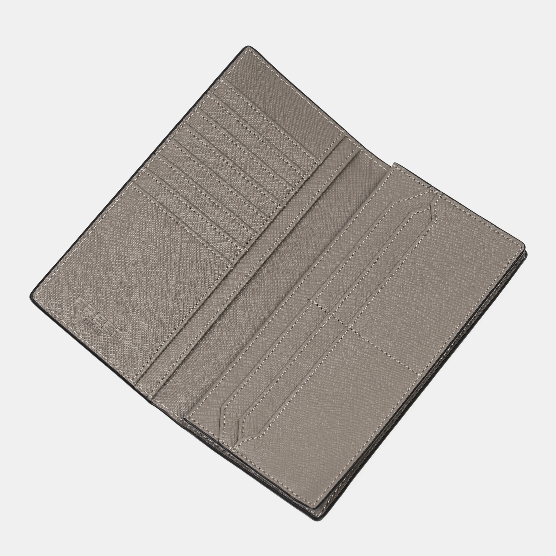 FREED 經典 Saffiano 十字紋長夾，鉑金灰，平視角度，純色背景，FREED 客製化刻字。