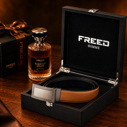 【FREED】銀色人字紋框扣頭細紋雙色超纖維皮帶