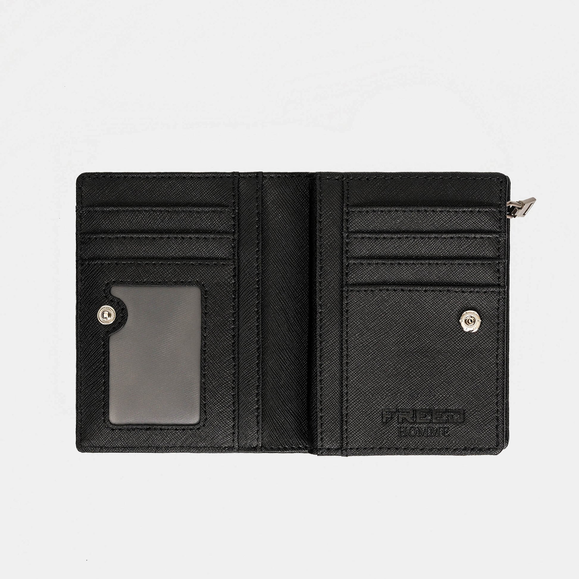 黑色Saffiano十字紋，拉鍊短夾，平放展示，FREED 客製化刻字