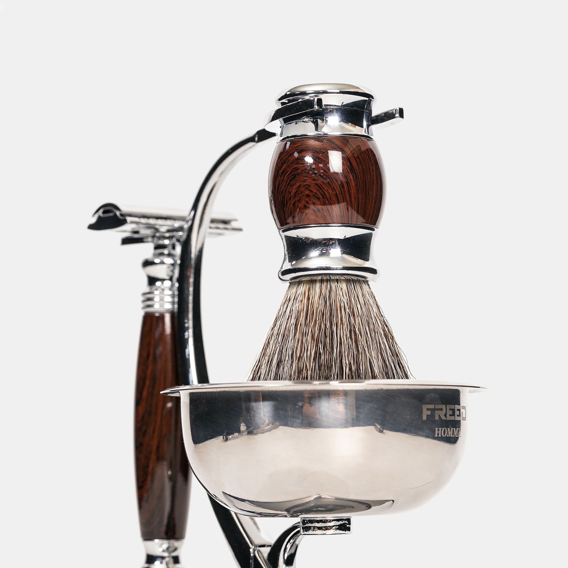 仿紫紅檀木柄，銀色碗，近距離，FREED 客製化刻字