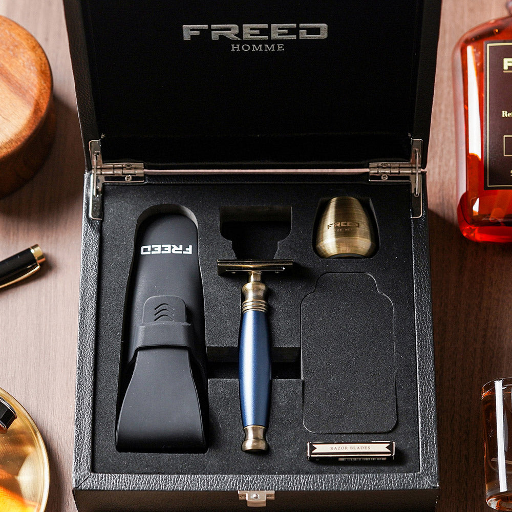 【FREED】古銅系列尊爵四件組雙刃式刮鬍刀禮盒 - 帝王藍